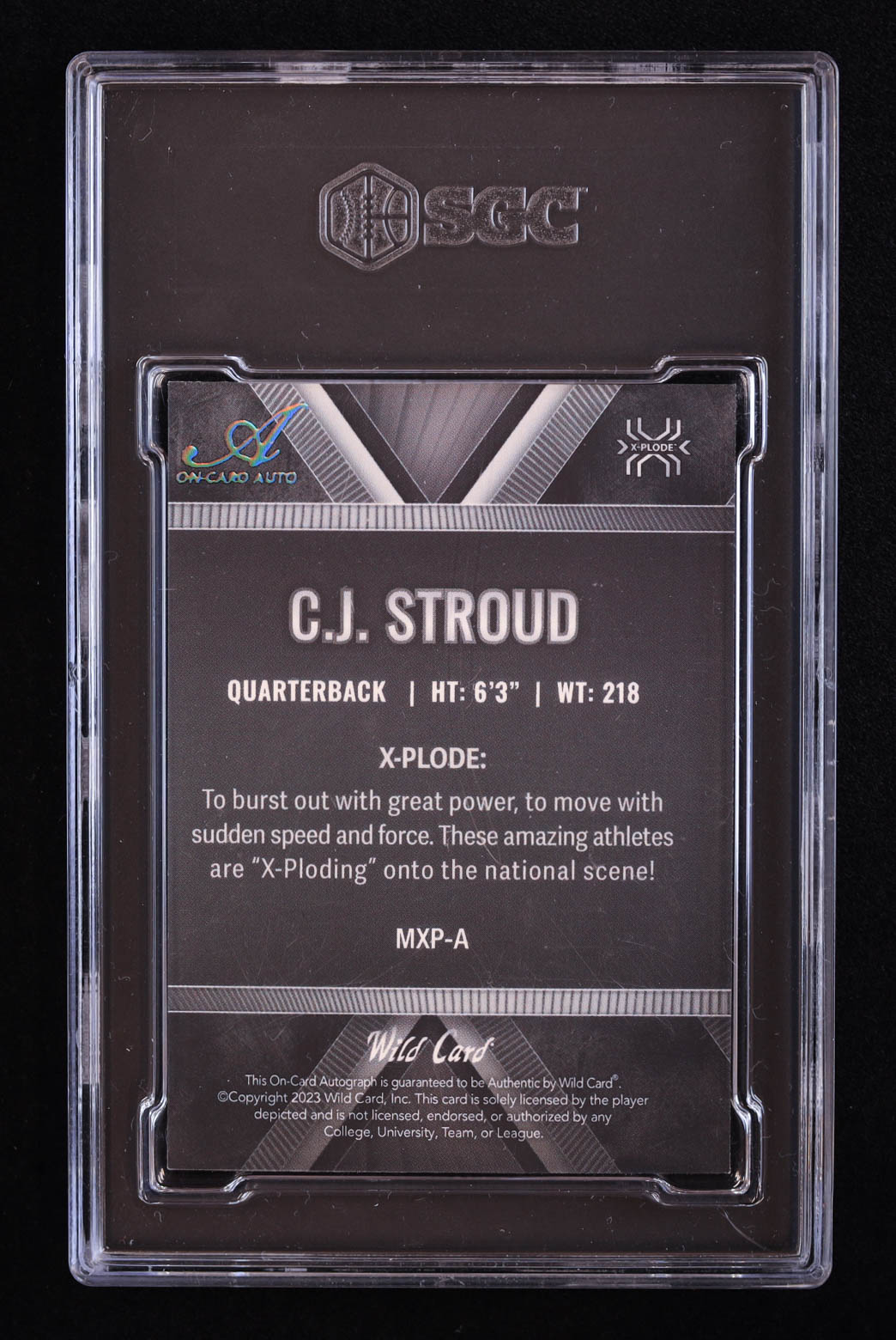 C.J Stroud 2023 Wild Card Matte Silver Chase X-plode Autograph Black #MXPA #1/1 RC (SGC 10) at PristineAuction.com C.J Stroud 2023 Wild Card Matte Silver Chase X-plode Autograph Black #MXPA #1/1 RC (SGC 10) at PristineAuction.com