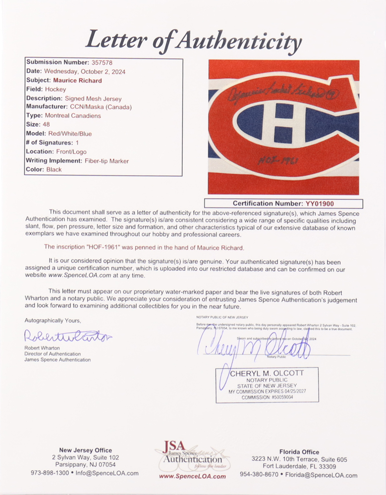 Maurice "Rocket" Richard Signed Jersey Inscribed "HOF 1961" (JSA) at PristineAuction.com Maurice "Rocket" Richard Signed Jersey Inscribed "HOF 1961" (JSA) at PristineAuction.com