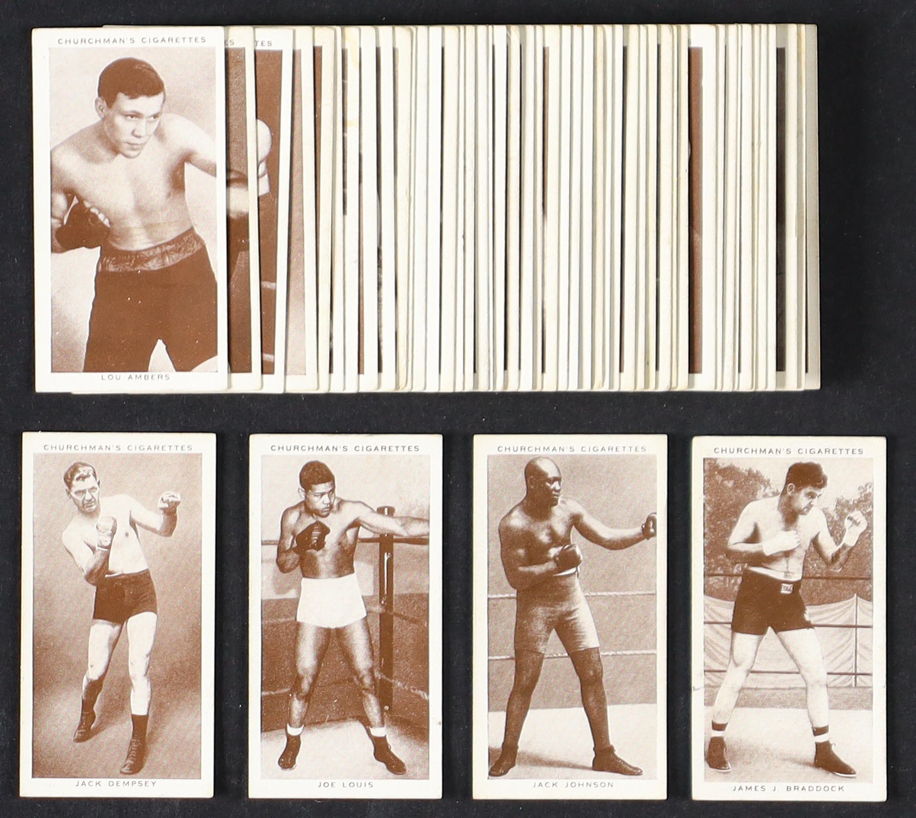 1938 Churchman Boxing Personalities Complete Set of (50) Cigarette Cards with Joe Louis #26, James J. Braddock #6, Jack Johnson #20, Jack Dempsey #12, Gene Tunney #35 at PristineAuction.com 1938 Churchman Boxing Personalities Complete Set of (50) Cigarette Cards with Joe Louis #26, James J. Braddock #6, Jack Johnson #20, Jack Dempsey #12, Gene Tunney #35 at PristineAuction.com