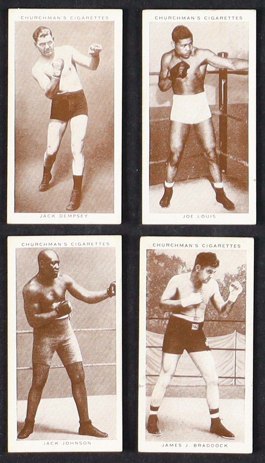 1938 Churchman Boxing Personalities Complete Set of (50) Cigarette Cards with Joe Louis #26, James J. Braddock #6, Jack Johnson #20, Jack Dempsey #12, Gene Tunney #35 at PristineAuction.com 1938 Churchman Boxing Personalities Complete Set of (50) Cigarette Cards with Joe Louis #26, James J. Braddock #6, Jack Johnson #20, Jack Dempsey #12, Gene Tunney #35 at PristineAuction.com
