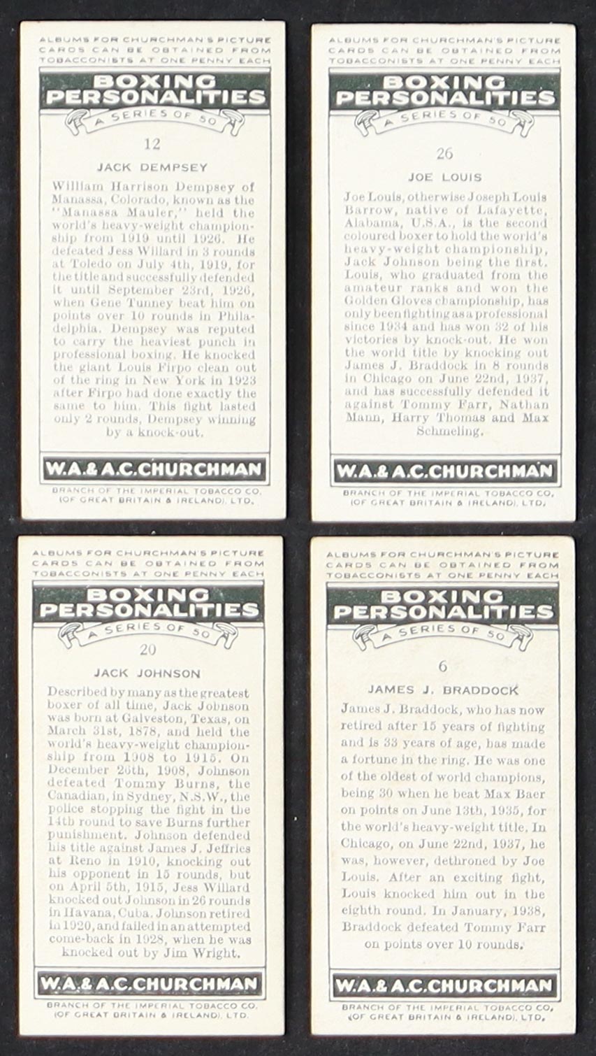 1938 Churchman Boxing Personalities Complete Set of (50) Cigarette Cards with Joe Louis #26, James J. Braddock #6, Jack Johnson #20, Jack Dempsey #12, Gene Tunney #35 at PristineAuction.com 1938 Churchman Boxing Personalities Complete Set of (50) Cigarette Cards with Joe Louis #26, James J. Braddock #6, Jack Johnson #20, Jack Dempsey #12, Gene Tunney #35 at PristineAuction.com