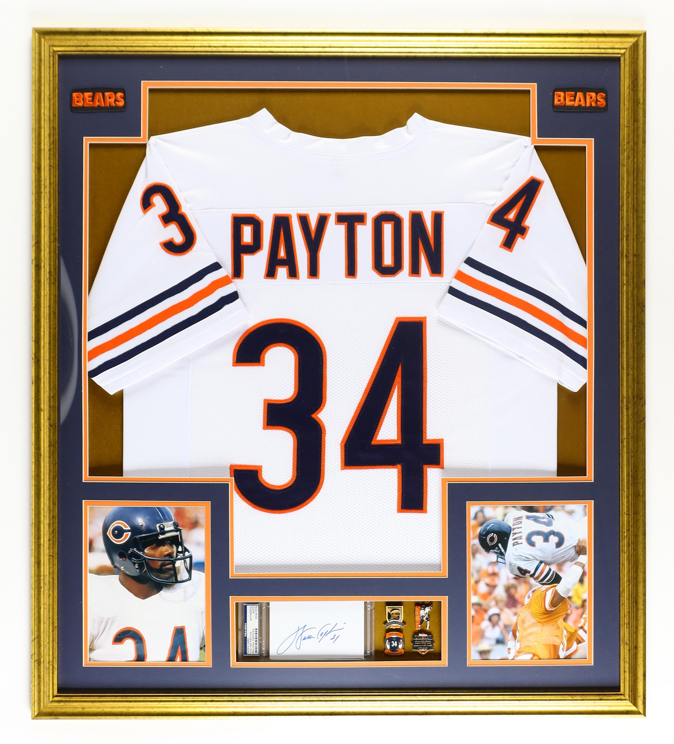 Walter Payton Signed Custom Framed Cut Display With Jersey, Set of (4) Walter Payton Hall of Fame Pins & (2) Bears Logo Patches (PSA) at PristineAuction.com Walter Payton Signed Custom Framed Cut Display With Jersey, Set of (4) Walter Payton Hall of Fame Pins & (2) Bears Logo Patches (PSA) at PristineAuction.com