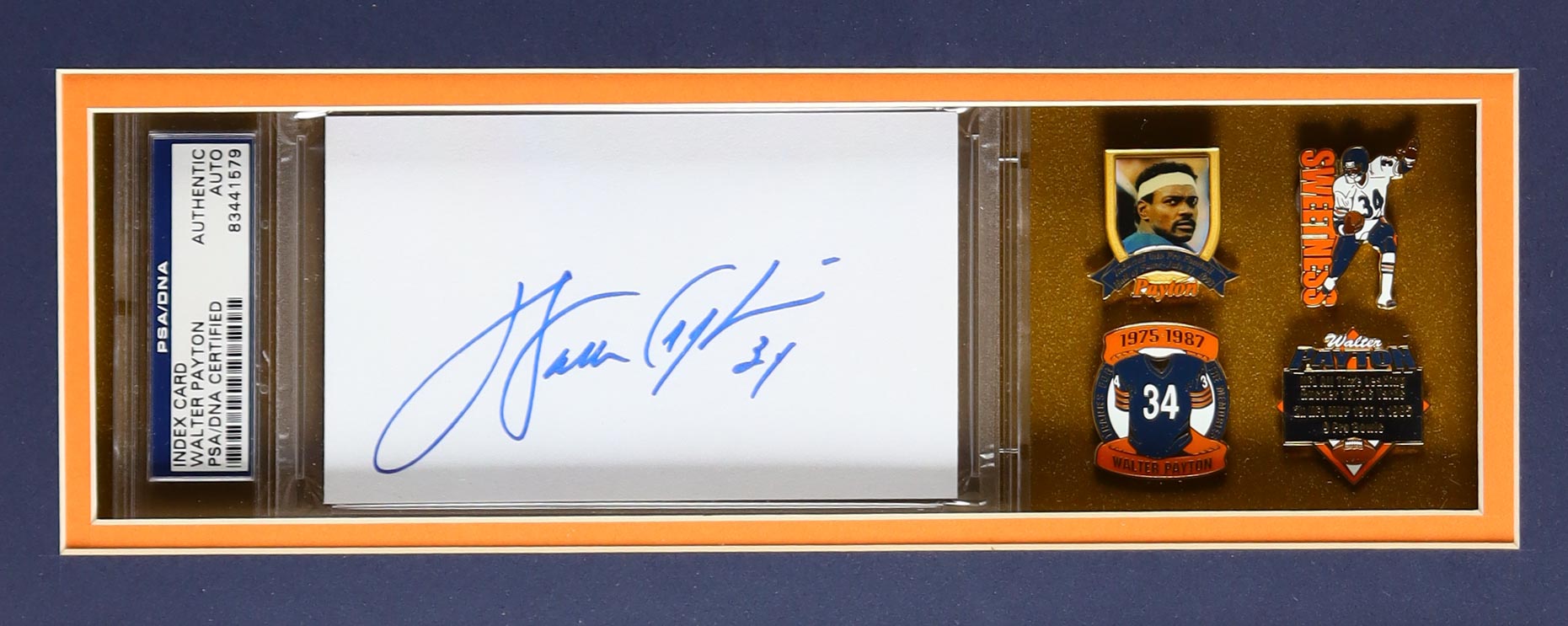 Walter Payton Signed Custom Framed Cut Display With Jersey, Set of (4) Walter Payton Hall of Fame Pins & (2) Bears Logo Patches (PSA) at PristineAuction.com Walter Payton Signed Custom Framed Cut Display With Jersey, Set of (4) Walter Payton Hall of Fame Pins & (2) Bears Logo Patches (PSA) at PristineAuction.com