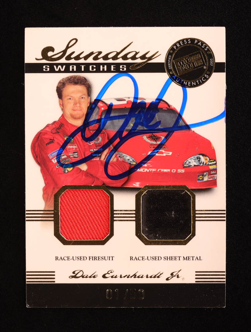 Dale Earnhardt Jr. Signed 2007 Press Pass Legends Sunday Swatches Gold #DESS #01/50 (JRML) at PristineAuction.com Dale Earnhardt Jr. Signed 2007 Press Pass Legends Sunday Swatches Gold #DESS #01/50 (JRML) at PristineAuction.com