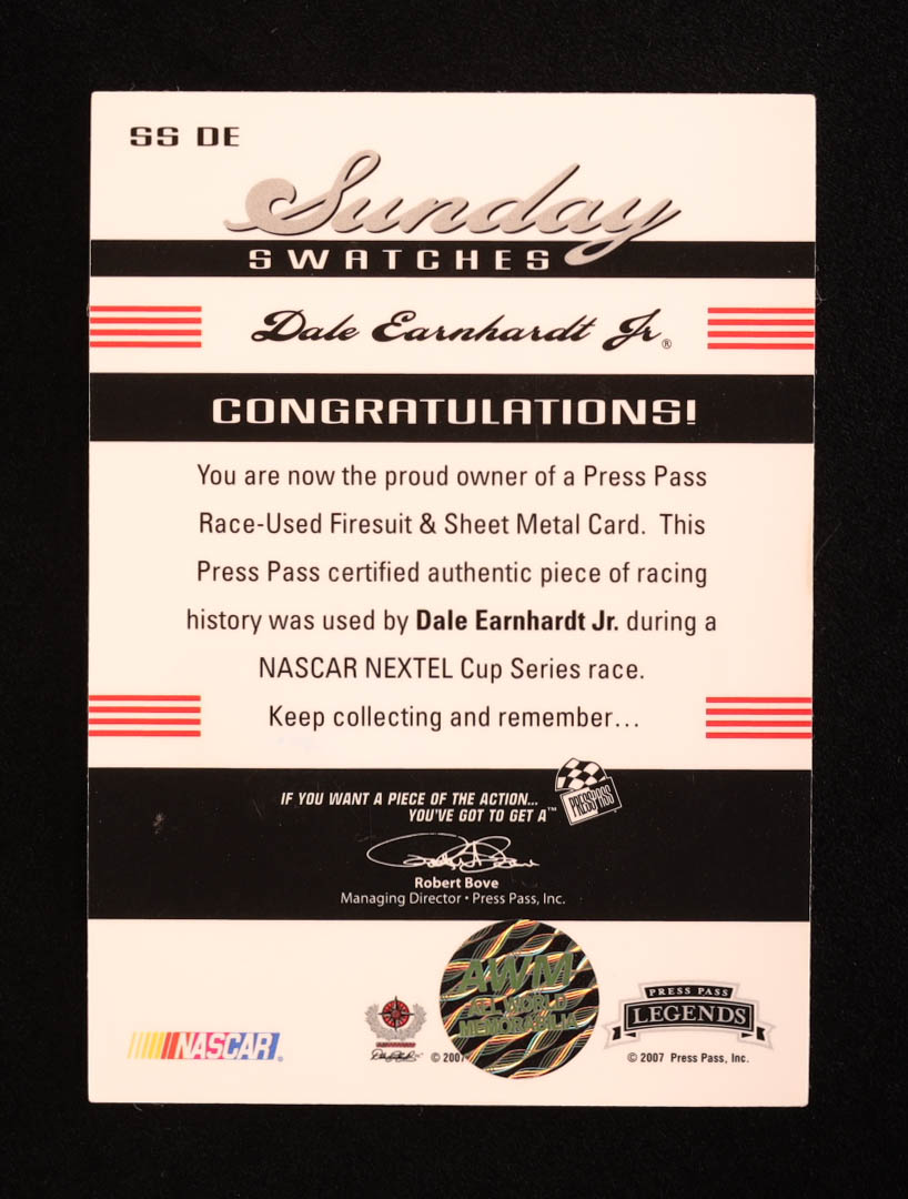Dale Earnhardt Jr. Signed 2007 Press Pass Legends Sunday Swatches Gold #DESS #01/50 (JRML) at PristineAuction.com Dale Earnhardt Jr. Signed 2007 Press Pass Legends Sunday Swatches Gold #DESS #01/50 (JRML) at PristineAuction.com