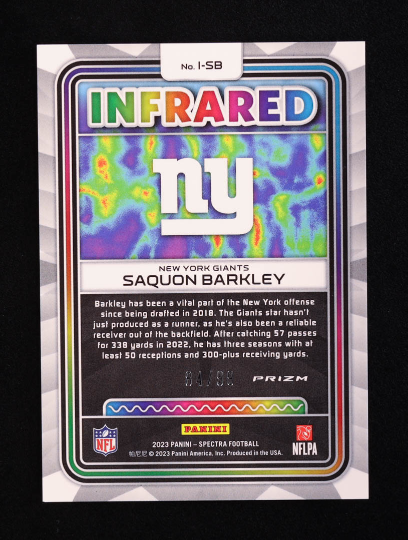 Saquon Barkley 2023 Panini Spectra Infrared #31 #84/99 at PristineAuction.com Saquon Barkley 2023 Panini Spectra Infrared #31 #84/99 at PristineAuction.com