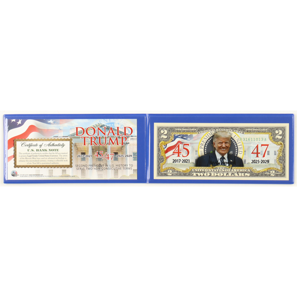 Donald Trump "45/47" LE 2024 Colorized Commemorative Edition U.S. $2.00 Two Dollar Bill Bank Note with Folder at PristineAuction.com