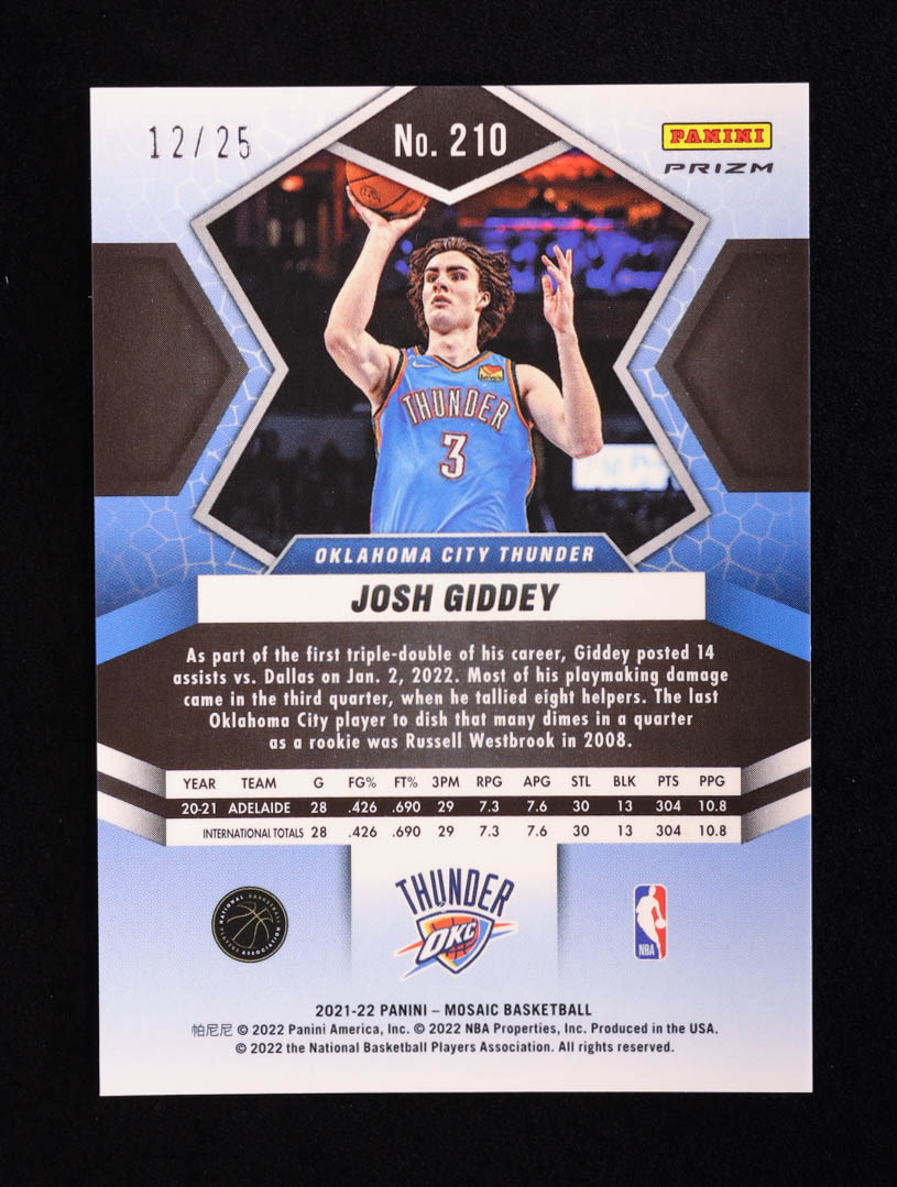 Josh Giddey 2021-22 Panini Mosaic Mosaic Orange Fluorescent #210 RC #12/25 at PristineAuction.com Josh Giddey 2021-22 Panini Mosaic Mosaic Orange Fluorescent #210 RC #12/25 at PristineAuction.com