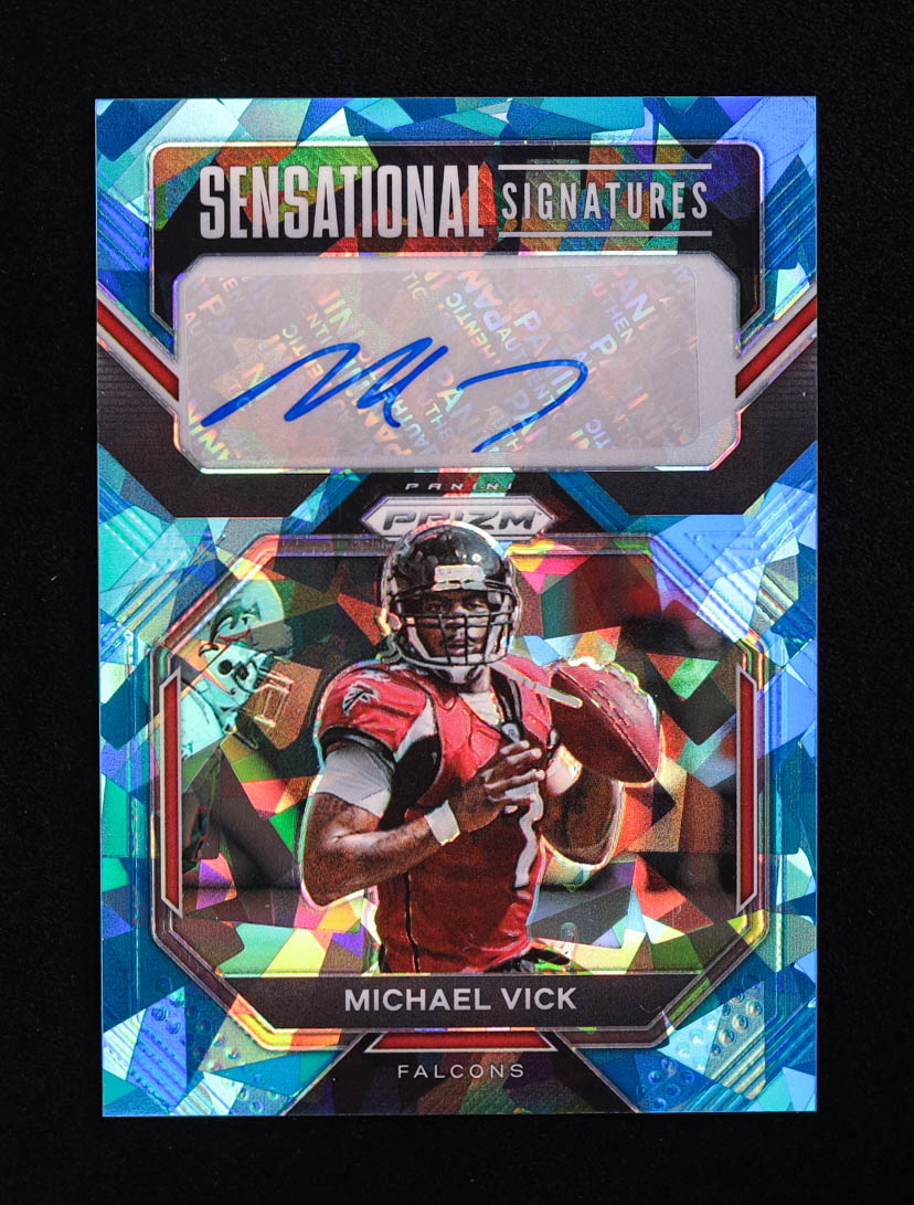 Michael Vick 2022 Panini Prizm Sensational Signatures Prizms Blue Ice #47 #90/99 at PristineAuction.com Michael Vick 2022 Panini Prizm Sensational Signatures Prizms Blue Ice #47 #90/99 at PristineAuction.com