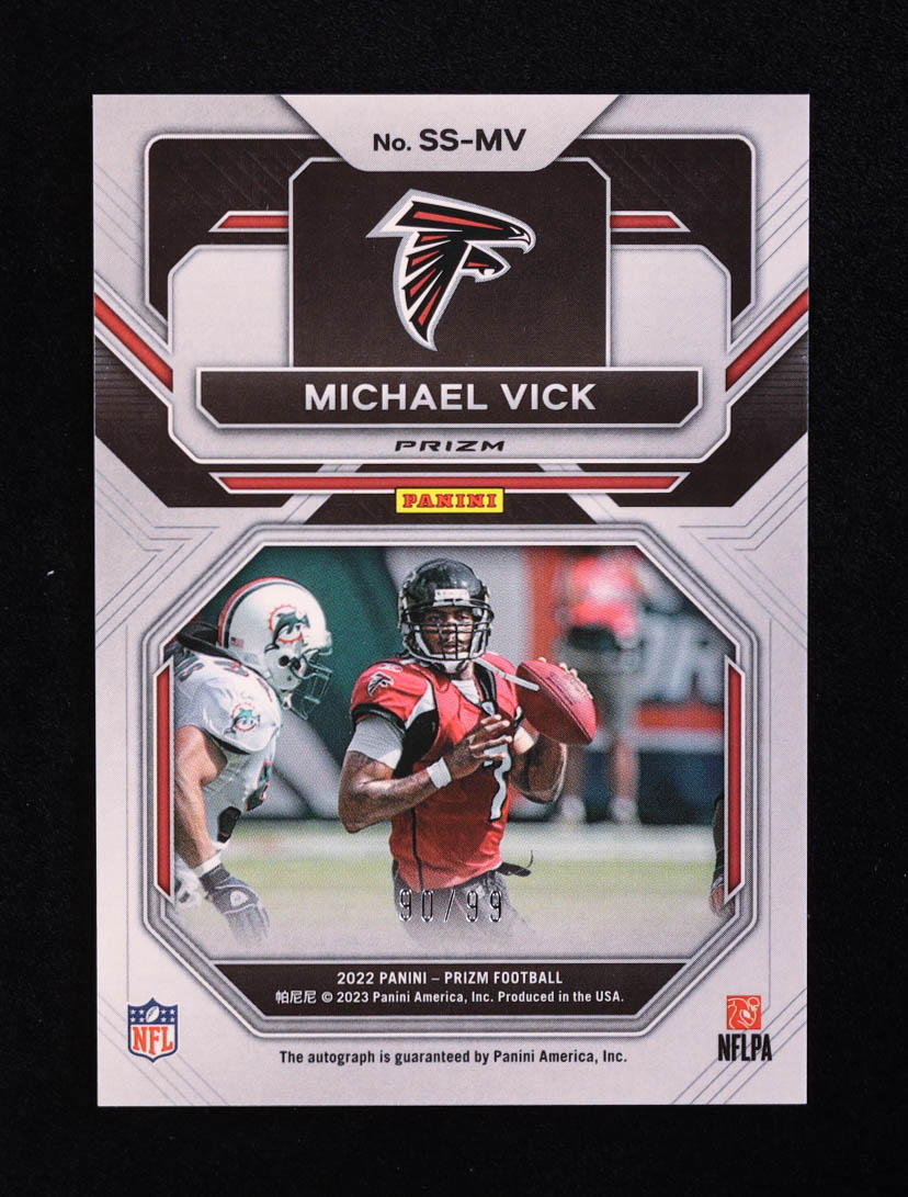 Michael Vick 2022 Panini Prizm Sensational Signatures Prizms Blue Ice #47 #90/99 at PristineAuction.com Michael Vick 2022 Panini Prizm Sensational Signatures Prizms Blue Ice #47 #90/99 at PristineAuction.com