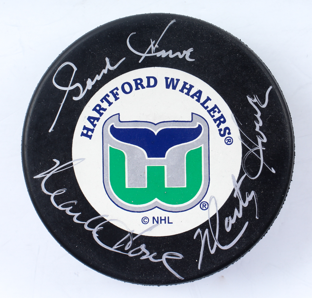 Gordie Howe, Mark Howe & Marty Howe Signed Whalers Logo Hockey Puck (Beckett) at PristineAuction.com Gordie Howe, Mark Howe & Marty Howe Signed Whalers Logo Hockey Puck (Beckett) at PristineAuction.com