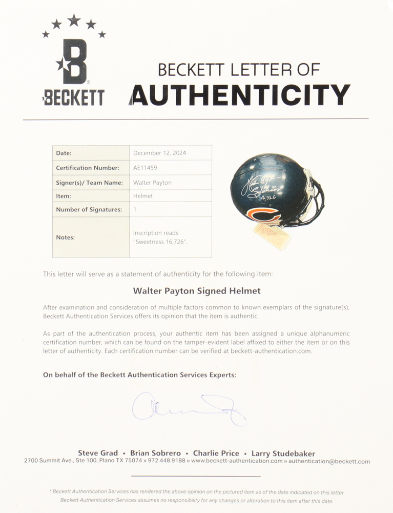 Walter Payton Signed Bears Full-Size Authentic Helmet Inscribed "Sweetness" & "16,726" (Beckett) at PristineAuction.com Walter Payton Signed Bears Full-Size Authentic Helmet Inscribed "Sweetness" & "16,726" (Beckett) at PristineAuction.com