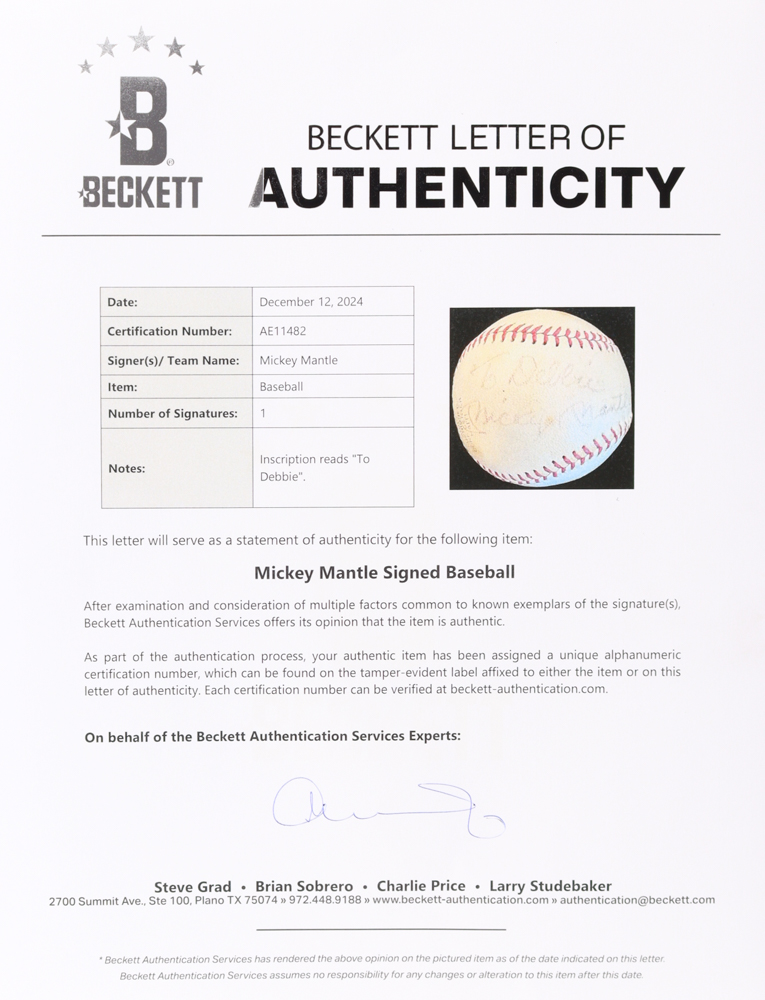 Mickey Mantle Signed OAA Baseball Inscribed "To Debbie" (Beckett) at PristineAuction.com Mickey Mantle Signed OAA Baseball Inscribed "To Debbie" (Beckett) at PristineAuction.com