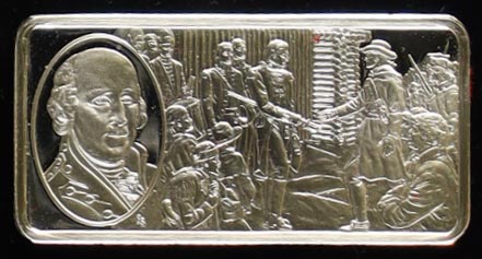 Franklin Mint One Hundred Greatest Americans: George Rogers Clark - 500 Grains Sterling (.9636 oz. Silver) Silver Bullion Bar at PristineAuction.com Franklin Mint One Hundred Greatest Americans: George Rogers Clark - 500 Grains Sterling (.9636 oz. Silver) Silver Bullion Bar at PristineAuction.com