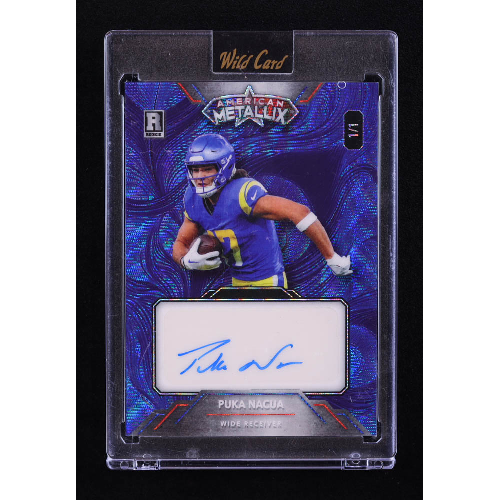 Puka Nacua 2023 Wild Card American Metallix Autographs Peacock Blue Wave #WMMFPNA RC #1/1 at PristineAuction.com
