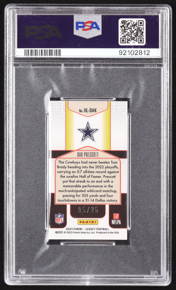Dak Prescott 2023 Panini Legacy Under the Lights Premium Edition Emerald Mini #42 #5/25 (PSA 9) at PristineAuction.com Dak Prescott 2023 Panini Legacy Under the Lights Premium Edition Emerald Mini #42 #5/25 (PSA 9) at PristineAuction.com