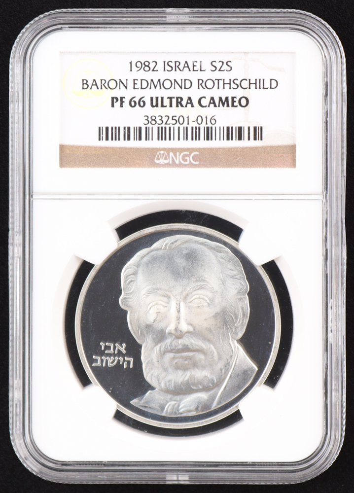 1982 Israel Baron Edmond de Rothschild $25 Silver Coin (NGC PF66 Ultra Cameo) at PristineAuction.com 1982 Israel Baron Edmond de Rothschild $25 Silver Coin (NGC PF66 Ultra Cameo) at PristineAuction.com