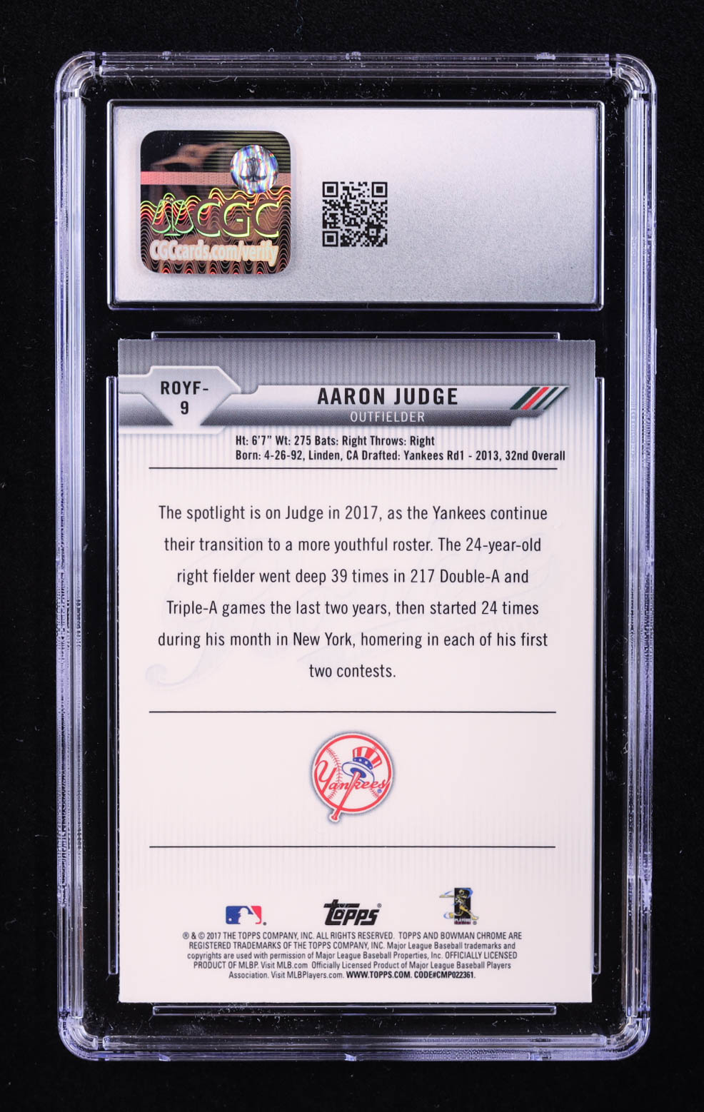 Aaron Judge 2017 Bowman Chrome ROY Favorites Refractors #ROYF9 RC (CGC 10) at PristineAuction.com Aaron Judge 2017 Bowman Chrome ROY Favorites Refractors #ROYF9 RC (CGC 10) at PristineAuction.com