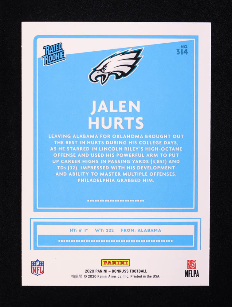 Jalen Hurts 2020 Donruss Press Proof Red #314 RR RC at PristineAuction.com Jalen Hurts 2020 Donruss Press Proof Red #314 RR RC at PristineAuction.com