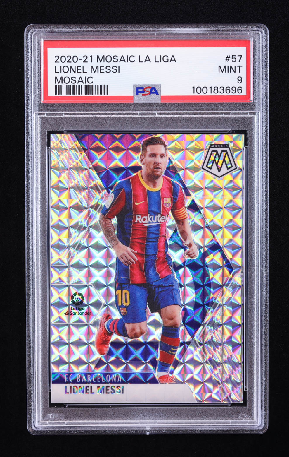 Lionel Messi 2020-21 Panini Mosaic La Liga Mosaic #57 (PSA 9) at PristineAuction.com Lionel Messi 2020-21 Panini Mosaic La Liga Mosaic #57 (PSA 9) at PristineAuction.com