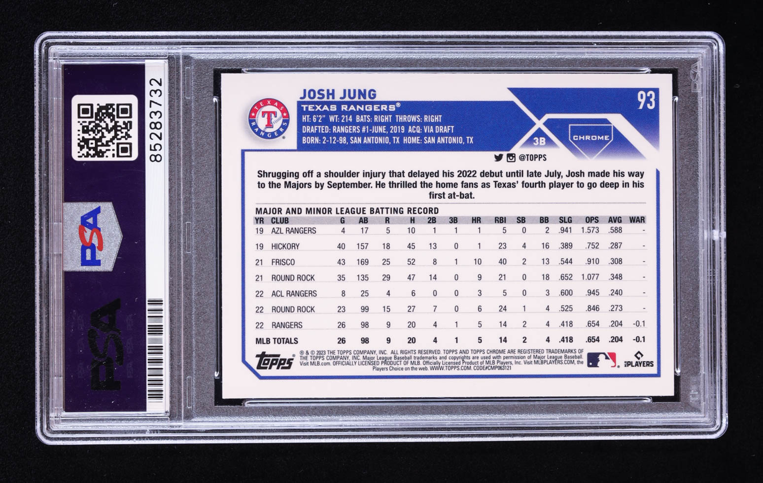 Josh Jung Signed 2023 Topps Chrome #93 (PSA) at PristineAuction.com Josh Jung Signed 2023 Topps Chrome #93 (PSA) at PristineAuction.com