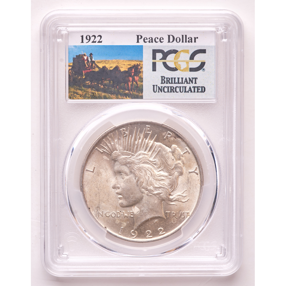 1922 Peace Silver Dollar - Stage Coach Label (PCGS Brilliant Uncirculated) at PristineAuction.com