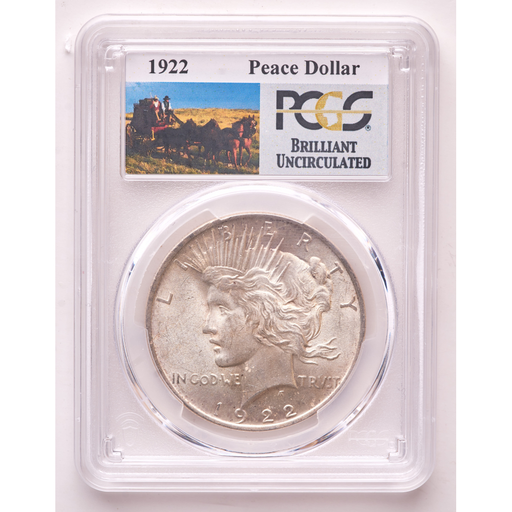 1922 Peace Silver Dollar - Stage Coach Label (PCGS Brilliant Uncirculated) at PristineAuction.com