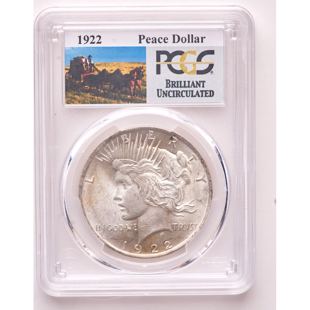 1922 Peace Silver Dollar - Stage Coach Label (PCGS Brilliant Uncirculated) at PristineAuction.com