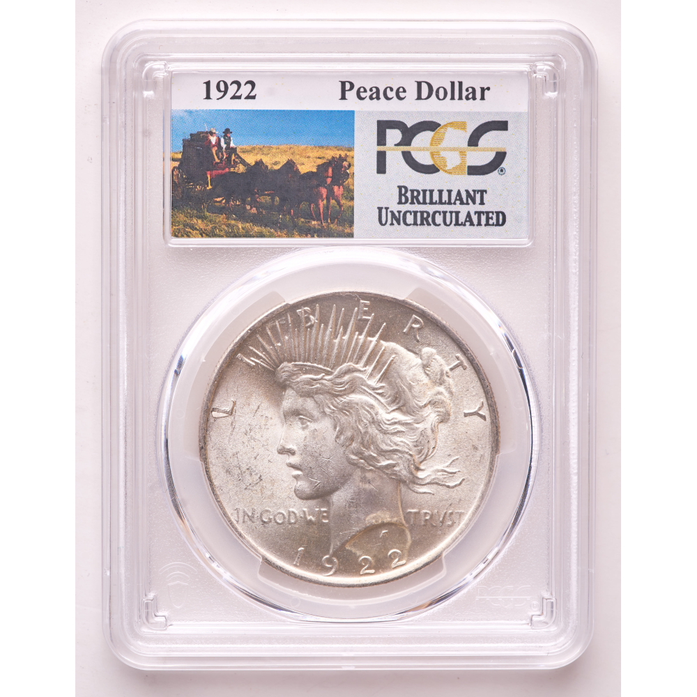 1922 Peace Silver Dollar - Stage Coach Label (PCGS Brilliant Uncirculated) at PristineAuction.com