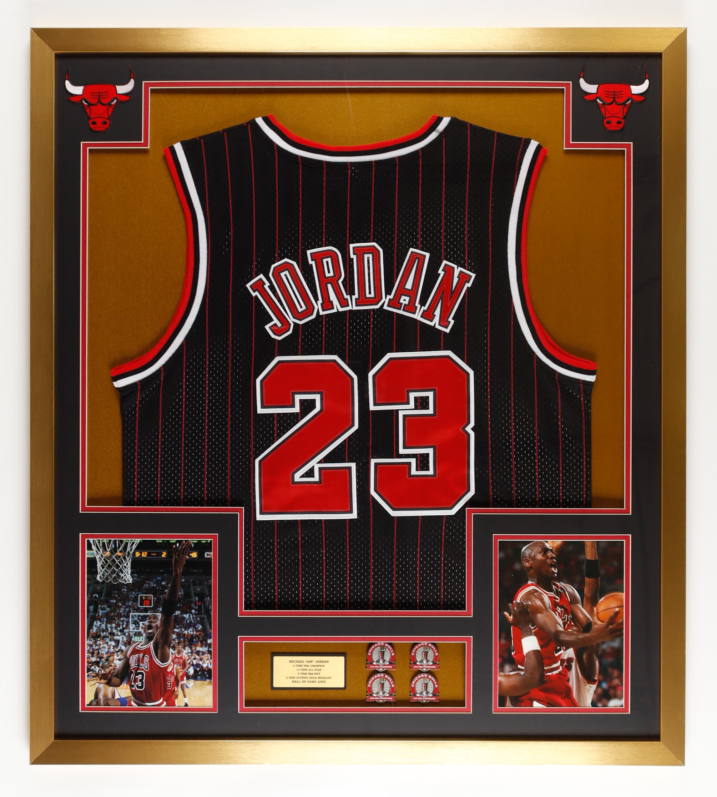 Michael Jordan Custom Framed Jersey Display With Career Stat Plaque, (4) Championship Pins & (2) Bulls Logo Patches at PristineAuction.com Michael Jordan Custom Framed Jersey Display With Career Stat Plaque, (4) Championship Pins & (2) Bulls Logo Patches at PristineAuction.com