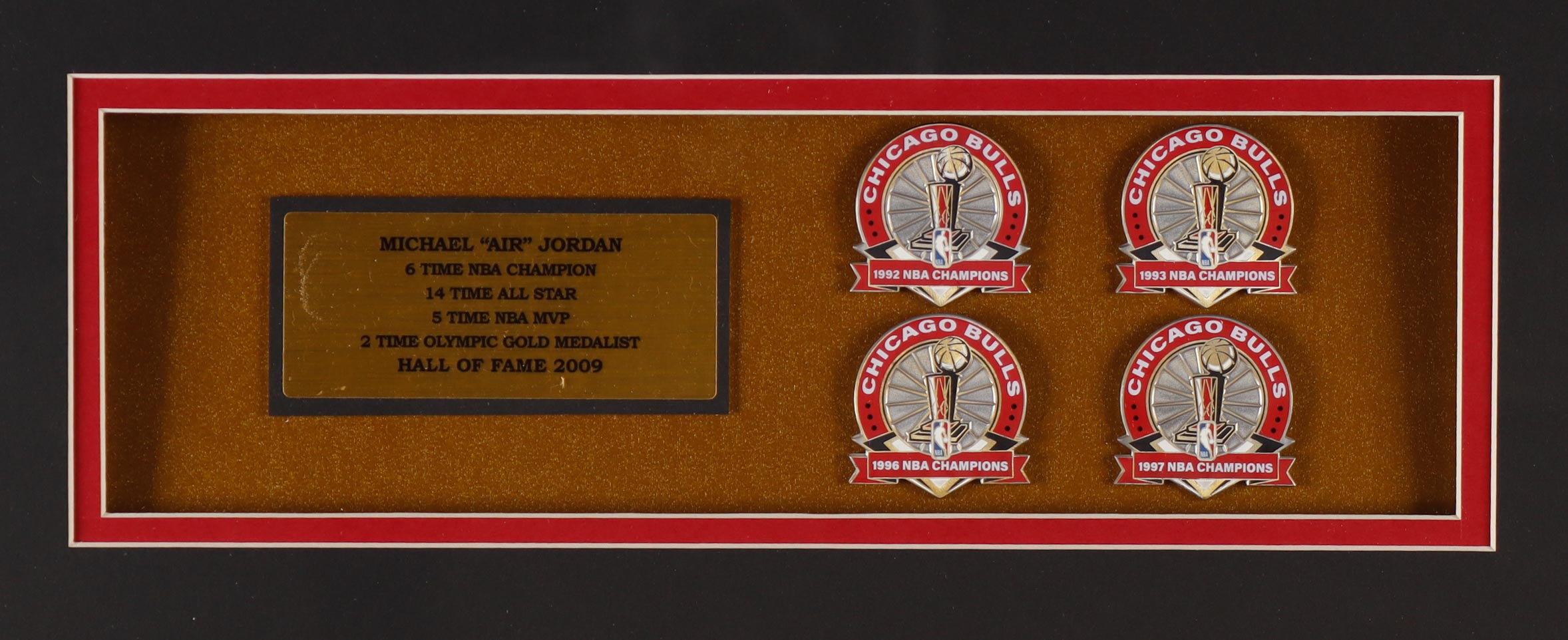 Michael Jordan Custom Framed Jersey Display With Career Stat Plaque, (4) Championship Pins & (2) Bulls Logo Patches at PristineAuction.com Michael Jordan Custom Framed Jersey Display With Career Stat Plaque, (4) Championship Pins & (2) Bulls Logo Patches at PristineAuction.com