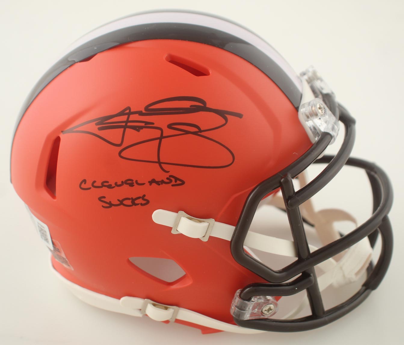 Johnny Manziel Signed Browns Speed Mini Helmet Inscribed "Cleveland Sucks" (Beckett) at PristineAuction.com Johnny Manziel Signed Browns Speed Mini Helmet Inscribed "Cleveland Sucks" (Beckett) at PristineAuction.com
