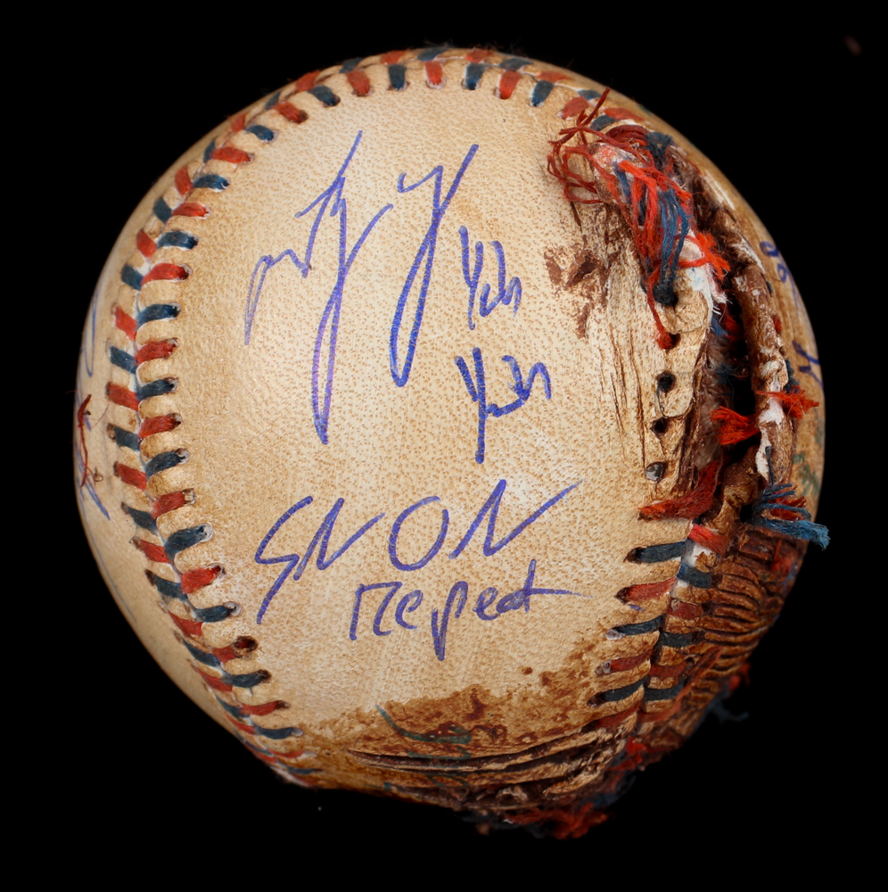 "The Sandlot" Prop Replica Baseball Cast-Signed & Inscribed by (8) with Marty York, Chauncey Leopardi, Tom Guiry, Shane Obedinzki (JSA) at PristineAuction.com "The Sandlot" Prop Replica Baseball Cast-Signed & Inscribed by (8) with Marty York, Chauncey Leopardi, Tom Guiry, Shane Obedinzki (JSA) at PristineAuction.com