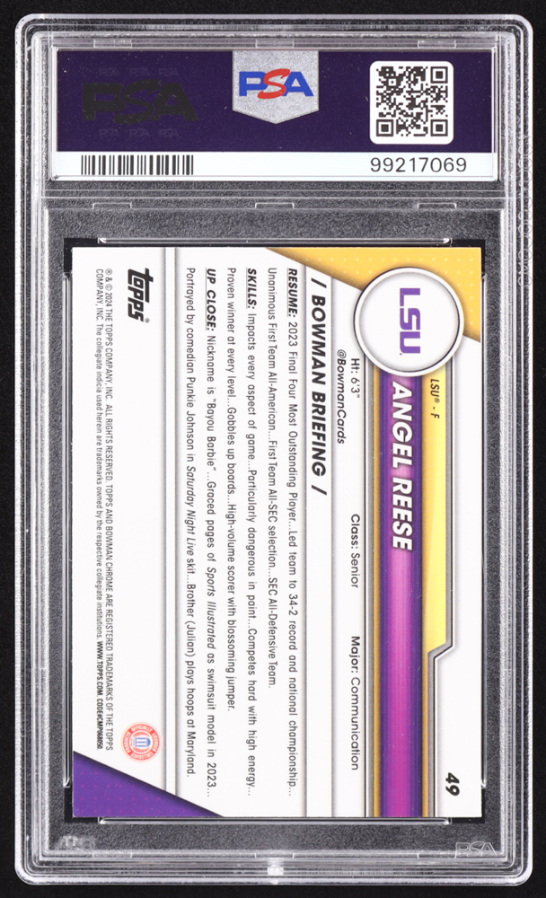 Angel Reese 2023-24 Bowman Chrome University #49 RC (PSA 9) at PristineAuction.com Angel Reese 2023-24 Bowman Chrome University #49 RC (PSA 9) at PristineAuction.com