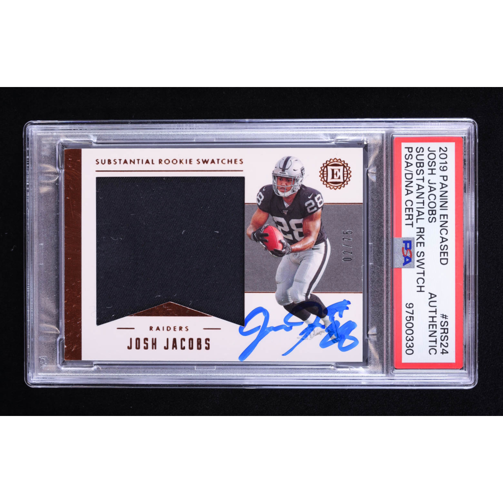 Josh Jacobs Signed 2019 Panini Encased Substantial Rookie Swatches #24 RC #2/75 (PSA) at PristineAuction.com