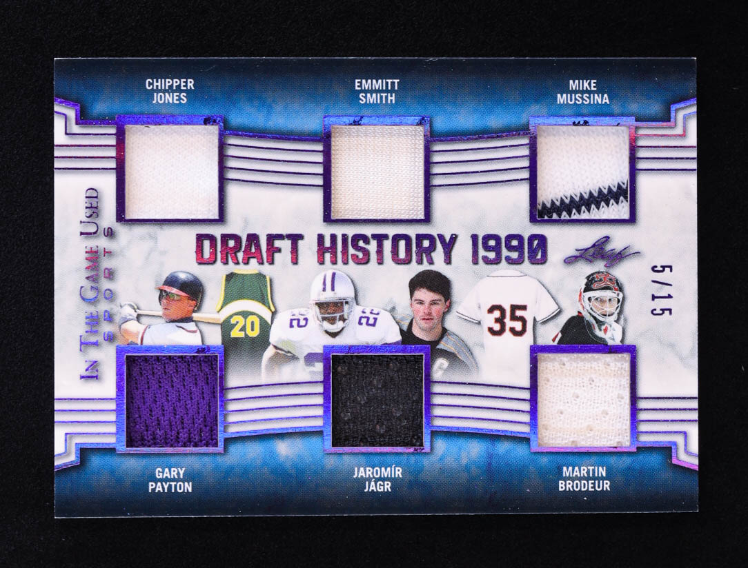 Chipper Jones / Emmitt Smith / Mike Mussina / Gary Payton / Jaromir Jagr / Martin Brodeur 2019 ITG Used Sports Draft History Memorabilia Spectrum Purple #DH15 #5/15 at PristineAuction.com Chipper Jones / Emmitt Smith / Mike Mussina / Gary Payton / Jaromir Jagr / Martin Brodeur 2019 ITG Used Sports Draft History Memorabilia Spectrum Purple #DH15 #5/15 at PristineAuction.com