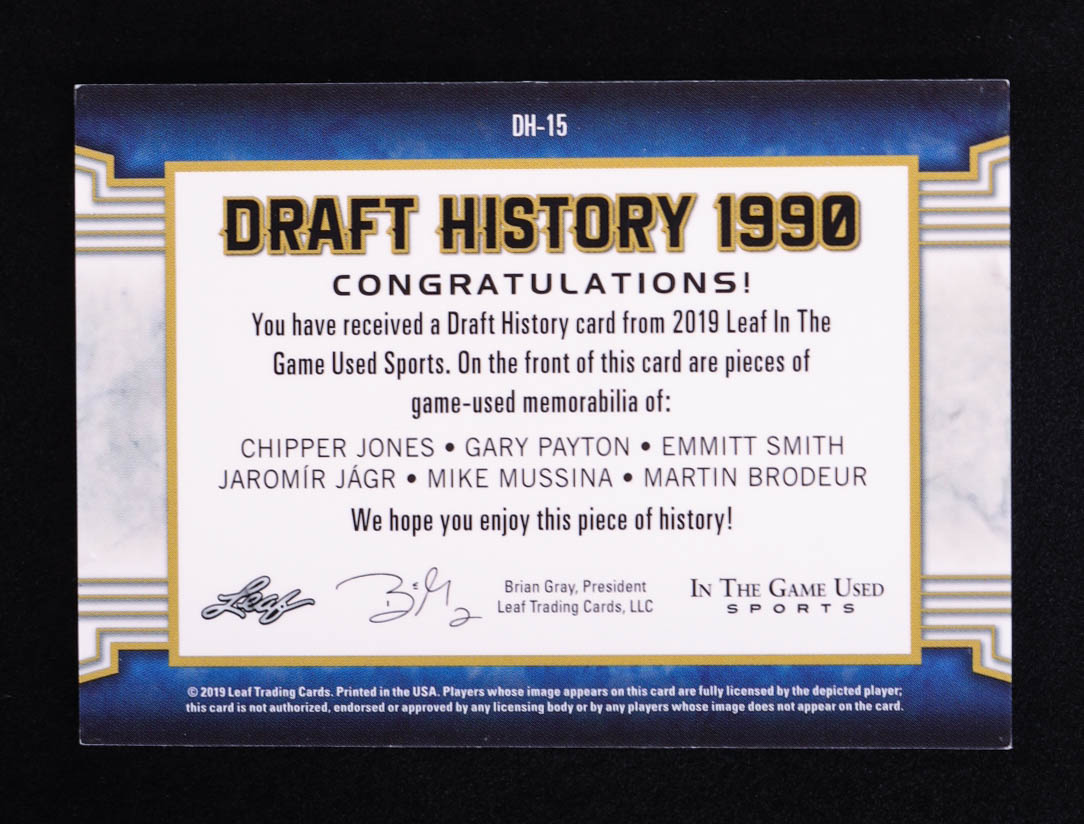 Chipper Jones / Emmitt Smith / Mike Mussina / Gary Payton / Jaromir Jagr / Martin Brodeur 2019 ITG Used Sports Draft History Memorabilia Spectrum Purple #DH15 #5/15 at PristineAuction.com Chipper Jones / Emmitt Smith / Mike Mussina / Gary Payton / Jaromir Jagr / Martin Brodeur 2019 ITG Used Sports Draft History Memorabilia Spectrum Purple #DH15 #5/15 at PristineAuction.com