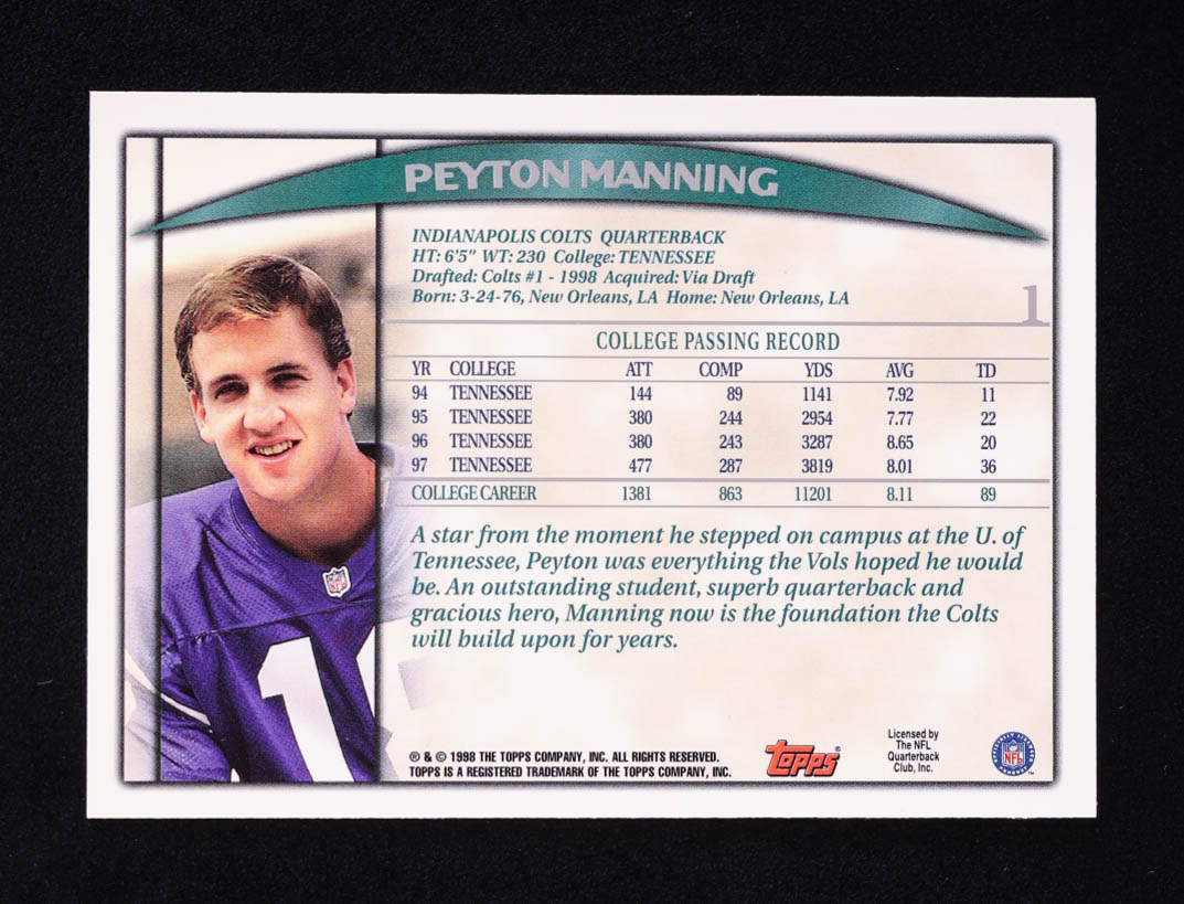 Peyton Manning 1998 Topps Season Opener #1 RC at PristineAuction.com Peyton Manning 1998 Topps Season Opener #1 RC at PristineAuction.com
