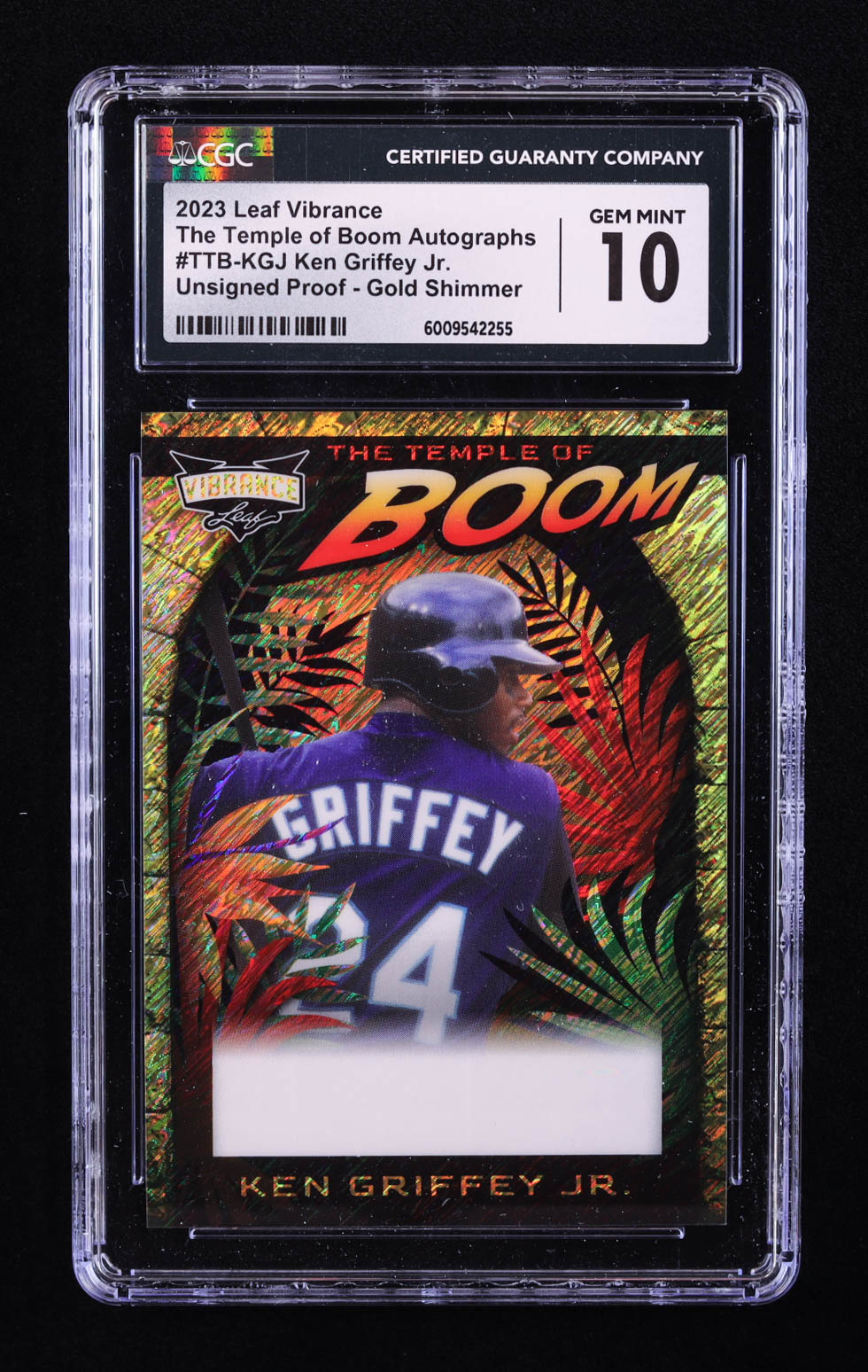 Ken Griffey Jr. 2023 Leaf Vibrance The Temple of Boom Gold Shimmer Pre-Production Proof #1/1 (CGC 10) at PristineAuction.com Ken Griffey Jr. 2023 Leaf Vibrance The Temple of Boom Gold Shimmer Pre-Production Proof #1/1 (CGC 10) at PristineAuction.com