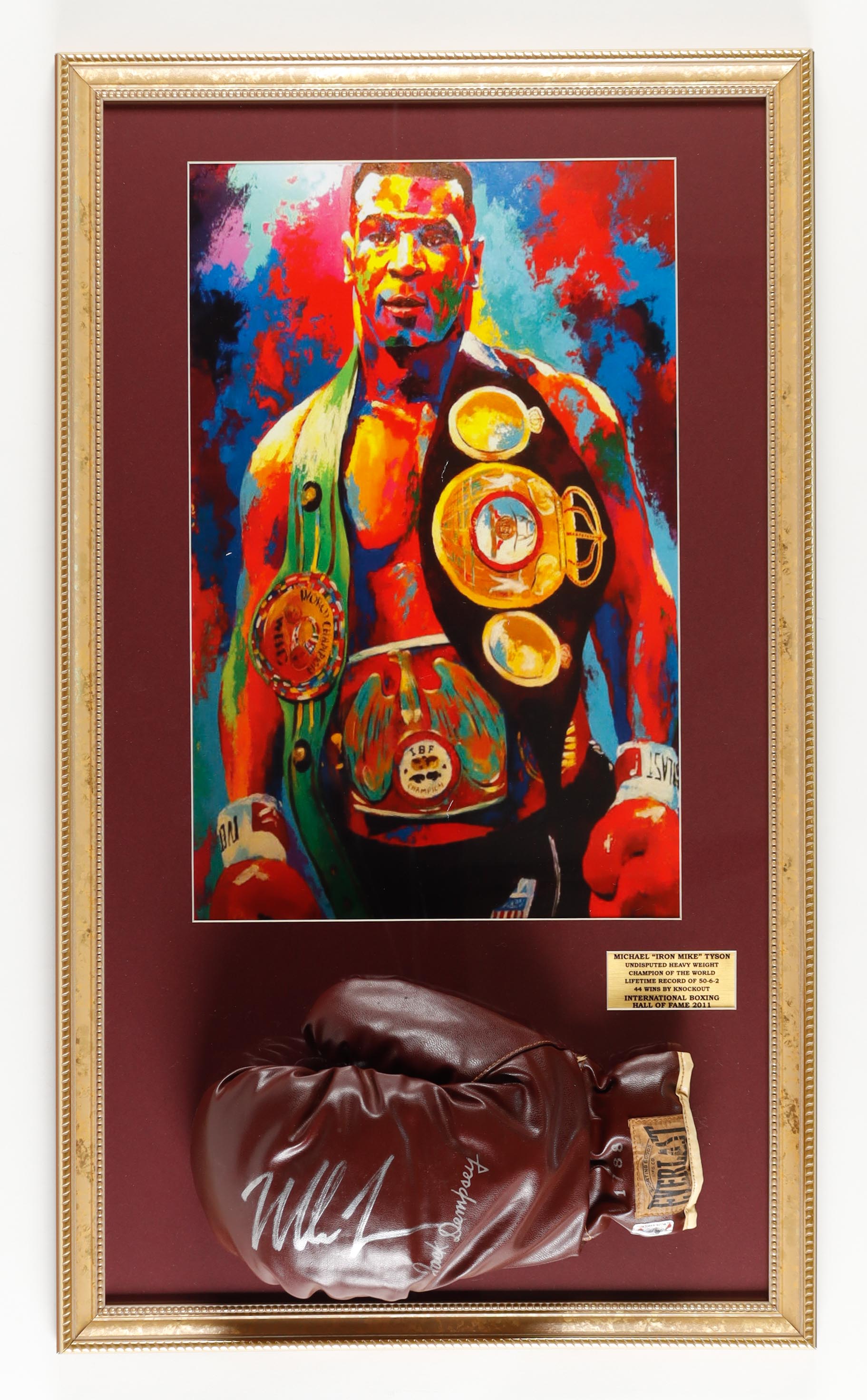 Mike Tyson Signed Custom Framed Vintage Jack Dempsey Model Everlast Boxing Glove with Print (Tyson) at PristineAuction.com Mike Tyson Signed Custom Framed Vintage Jack Dempsey Model Everlast Boxing Glove with Print (Tyson) at PristineAuction.com