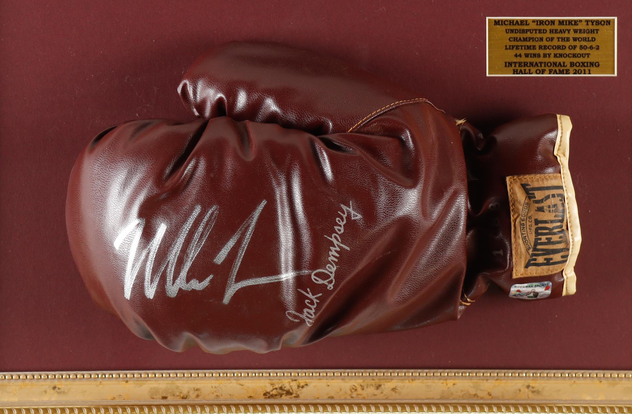 Mike Tyson Signed Custom Framed Vintage Jack Dempsey Model Everlast Boxing Glove with Print (Tyson) at PristineAuction.com Mike Tyson Signed Custom Framed Vintage Jack Dempsey Model Everlast Boxing Glove with Print (Tyson) at PristineAuction.com