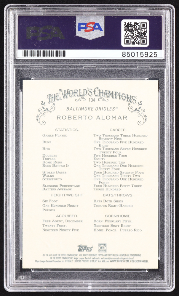 Roberto Alomar Signed 2020 Topps Allen and Ginter #134 (PSA) at PristineAuction.com Roberto Alomar Signed 2020 Topps Allen and Ginter #134 (PSA) at PristineAuction.com