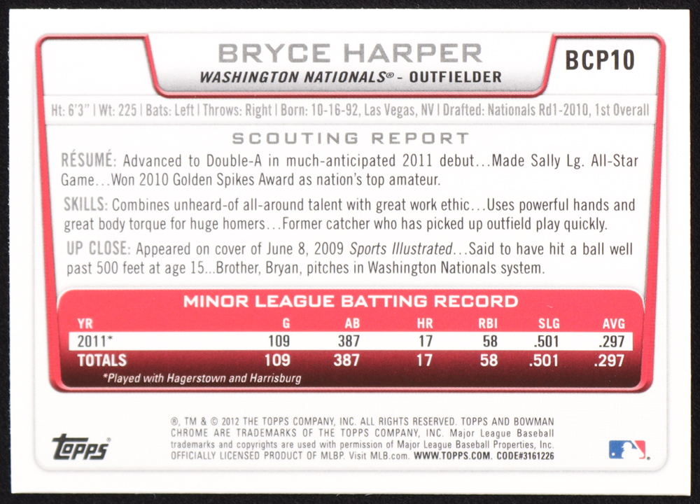 Bryce Harper 2012 Bowman Chrome Prospects #BCP10 RC at PristineAuction.com Bryce Harper 2012 Bowman Chrome Prospects #BCP10 RC at PristineAuction.com