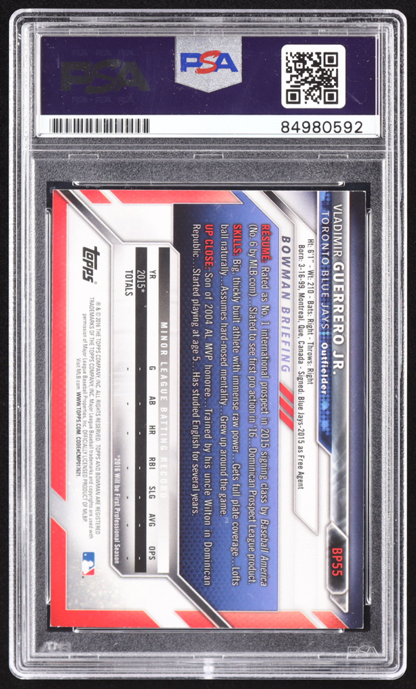 Vladimir Guerrero Jr. Signed 2016 Bowman Prospects #BP55 RC Inscribed "Vladdy Jr." (PSA) at PristineAuction.com Vladimir Guerrero Jr. Signed 2016 Bowman Prospects #BP55 RC Inscribed "Vladdy Jr." (PSA) at PristineAuction.com