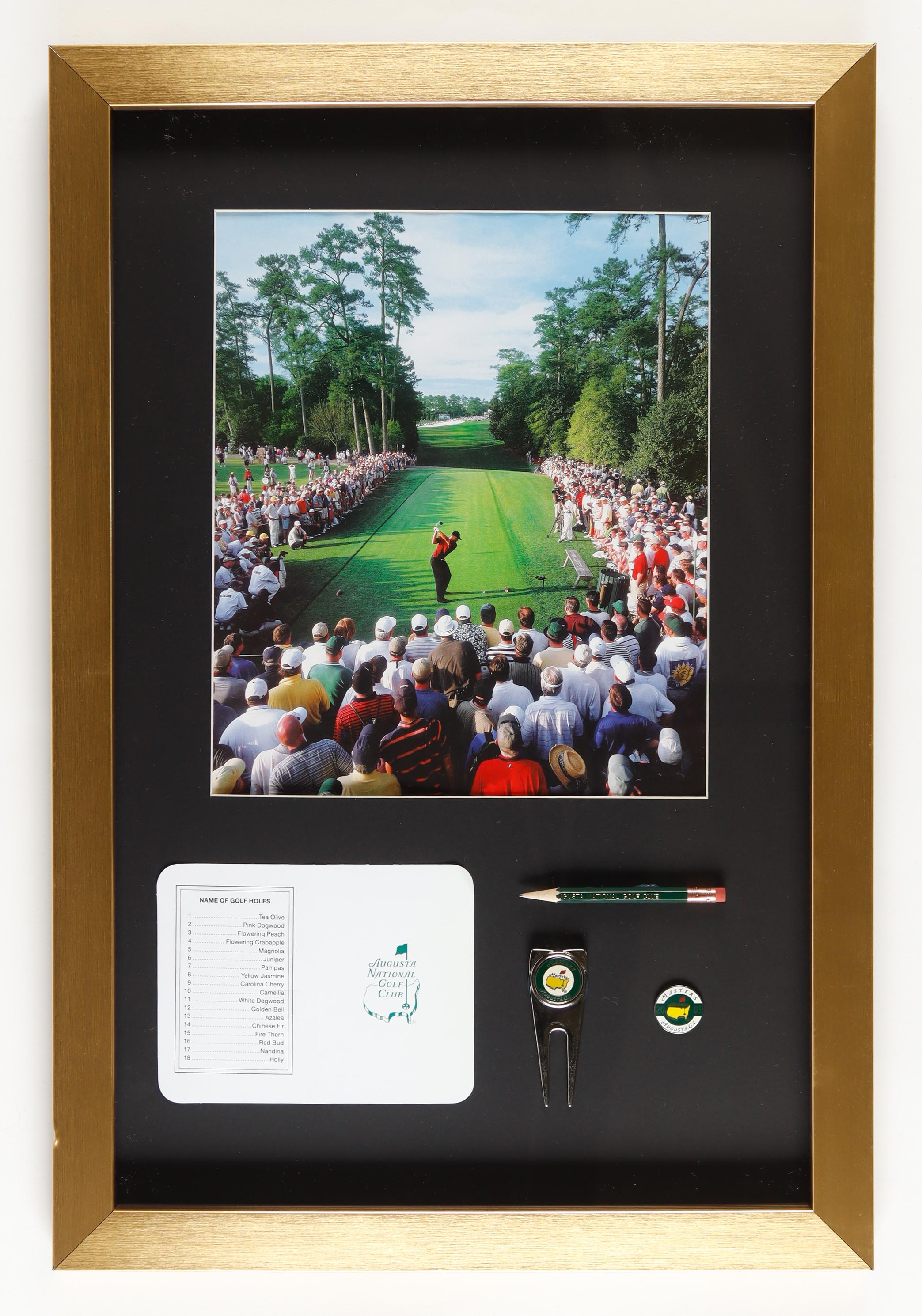 Tiger Woods At Augusta Custom Framed Photo Display with Course Scorecard & Pencil, Ball Marker & Divot Tool at PristineAuction.com Tiger Woods At Augusta Custom Framed Photo Display with Course Scorecard & Pencil, Ball Marker & Divot Tool at PristineAuction.com