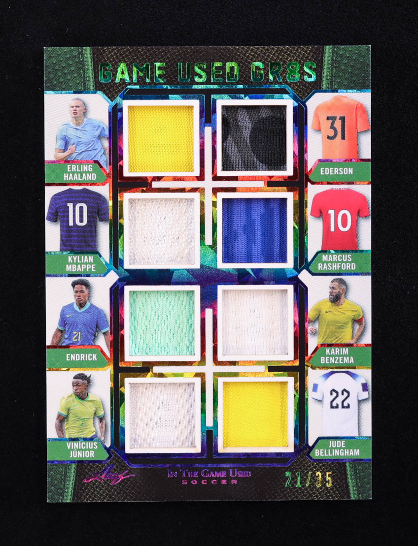 Erling Haaland / Ederson / Kylian Mbappe / Marcus Rashford / Endrick / Karim Benzema / Vinicius Junior / Jude Bellingham 2024 ITG Used Sports Game Used Gr8s Memorabilia Rainbow Cracked Ice #GUSG2 #21/35 at PristineAuction.com Erling Haaland / Ederson / Kylian Mbappe / Marcus Rashford / Endrick / Karim Benzema / Vinicius Junior / Jude Bellingham 2024 ITG Used Sports Game Used Gr8s Memorabilia Rainbow Cracked Ice #GUSG2 #21/35 at PristineAuction.com
