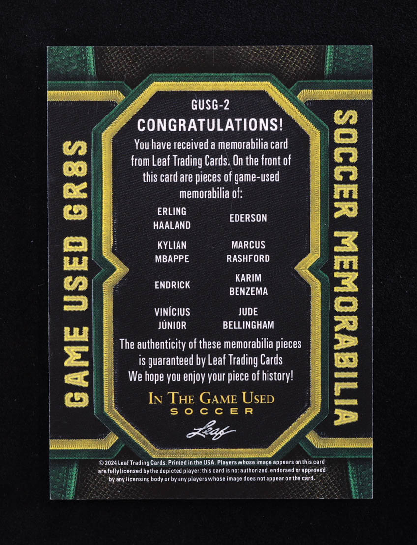Erling Haaland / Ederson / Kylian Mbappe / Marcus Rashford / Endrick / Karim Benzema / Vinicius Junior / Jude Bellingham 2024 ITG Used Sports Game Used Gr8s Memorabilia Rainbow Cracked Ice #GUSG2 #21/35 at PristineAuction.com Erling Haaland / Ederson / Kylian Mbappe / Marcus Rashford / Endrick / Karim Benzema / Vinicius Junior / Jude Bellingham 2024 ITG Used Sports Game Used Gr8s Memorabilia Rainbow Cracked Ice #GUSG2 #21/35 at PristineAuction.com