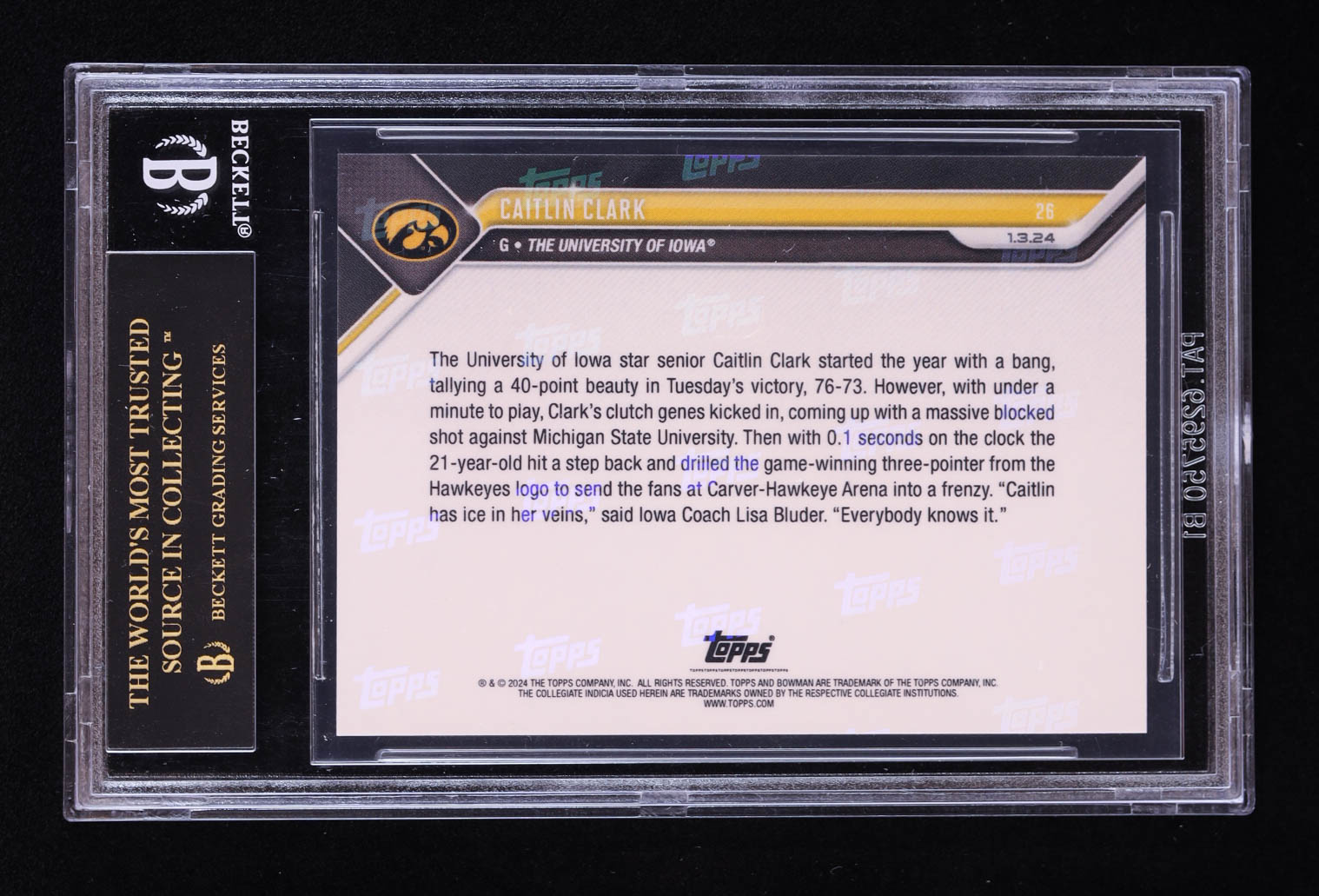 Caitlin Clark 2023-24 Bowman University Now #26 RC (BGS Black Label 10) at PristineAuction.com Caitlin Clark 2023-24 Bowman University Now #26 RC (BGS Black Label 10) at PristineAuction.com