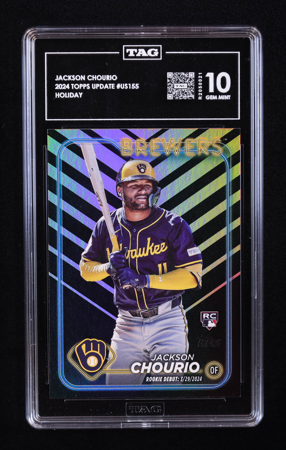 Jackson Chourio 2024 Topps Update Halloween Orange and Black Foil #US155 RC (TAG 10) at PristineAuction.com Jackson Chourio 2024 Topps Update Halloween Orange and Black Foil #US155 RC (TAG 10) at PristineAuction.com