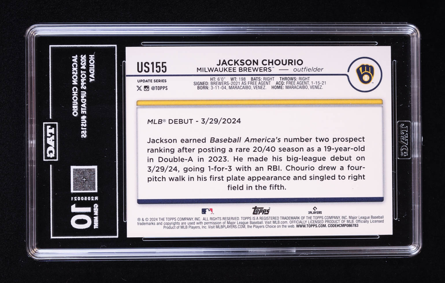 Jackson Chourio 2024 Topps Update Halloween Orange and Black Foil #US155 RC (TAG 10) at PristineAuction.com Jackson Chourio 2024 Topps Update Halloween Orange and Black Foil #US155 RC (TAG 10) at PristineAuction.com